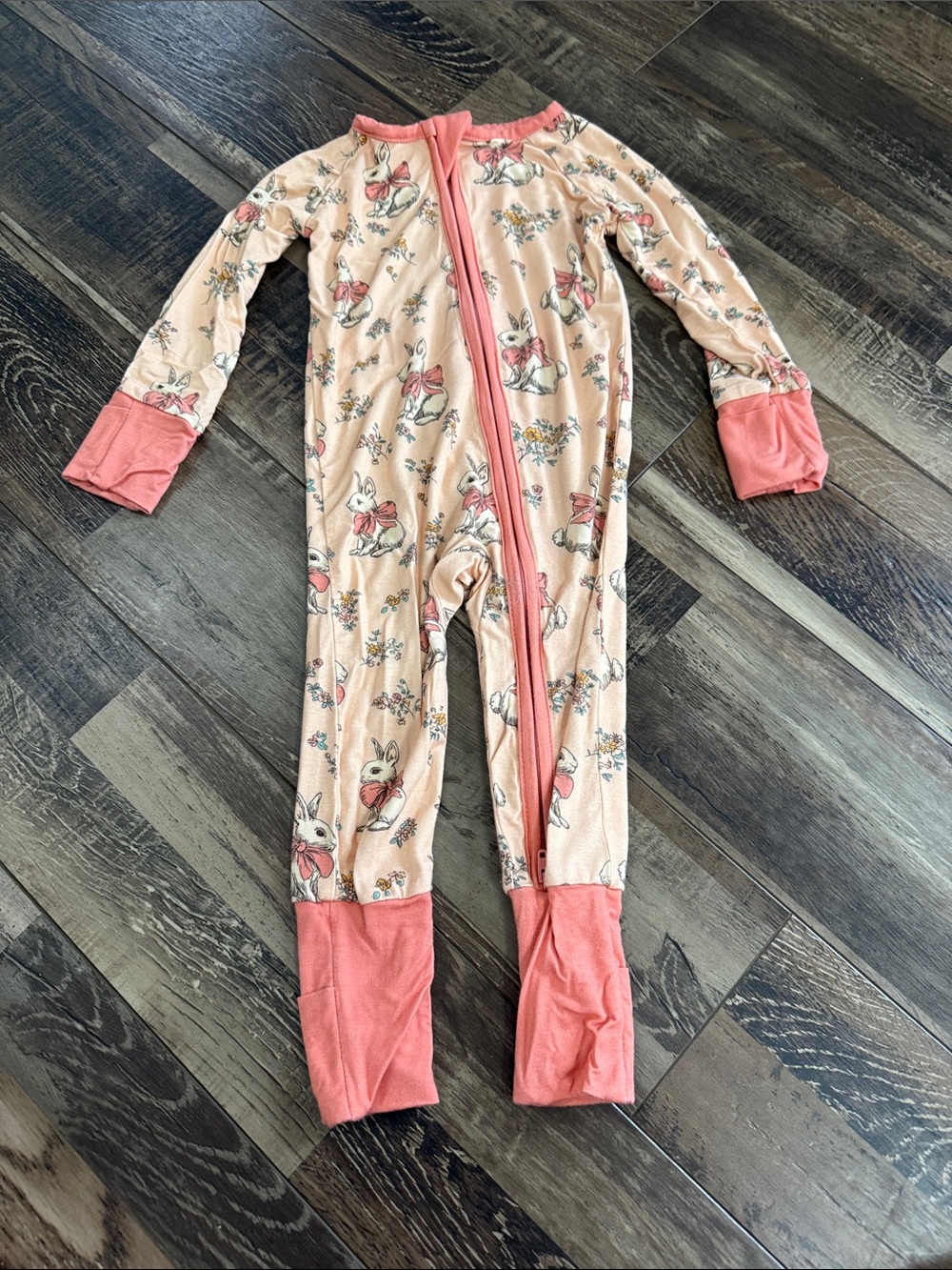 Peach Bunny Print Kids Footed One-Piece with Coral Trim